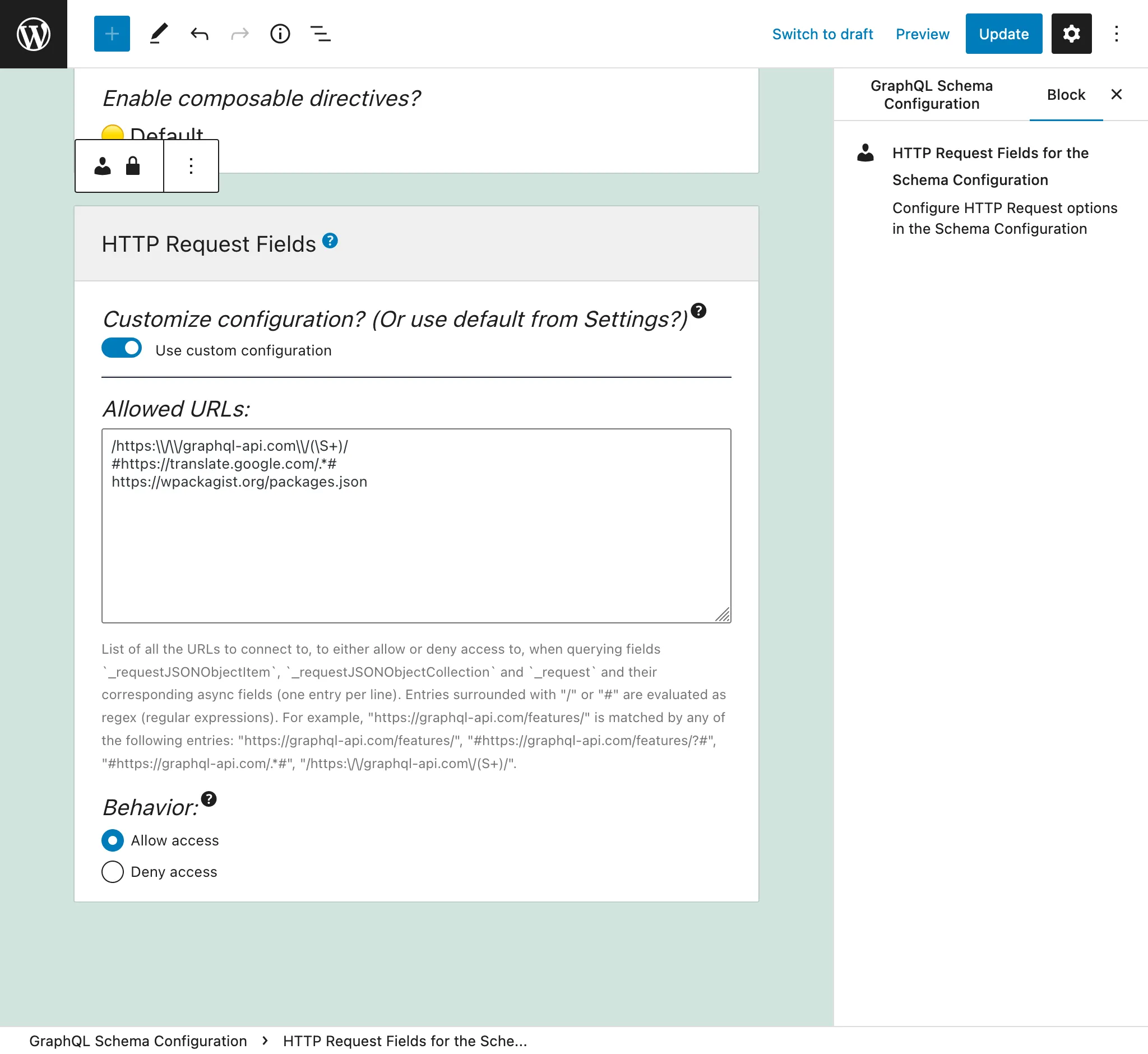 Defining the entries for the Schema Configuration