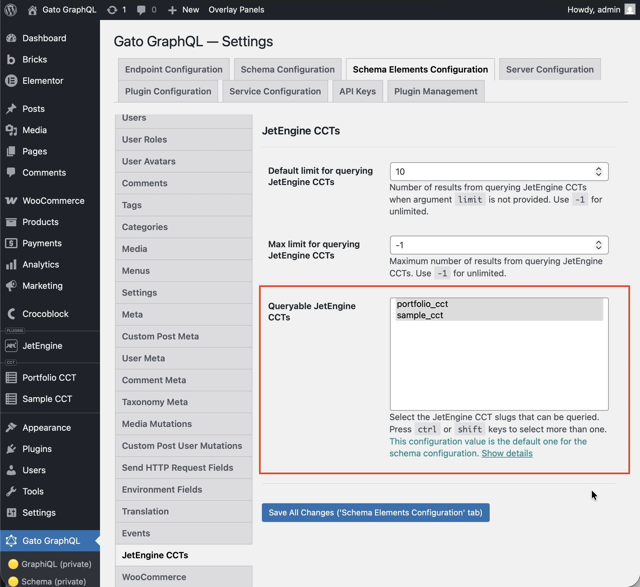 Defining the queryable CCTs in the Settings