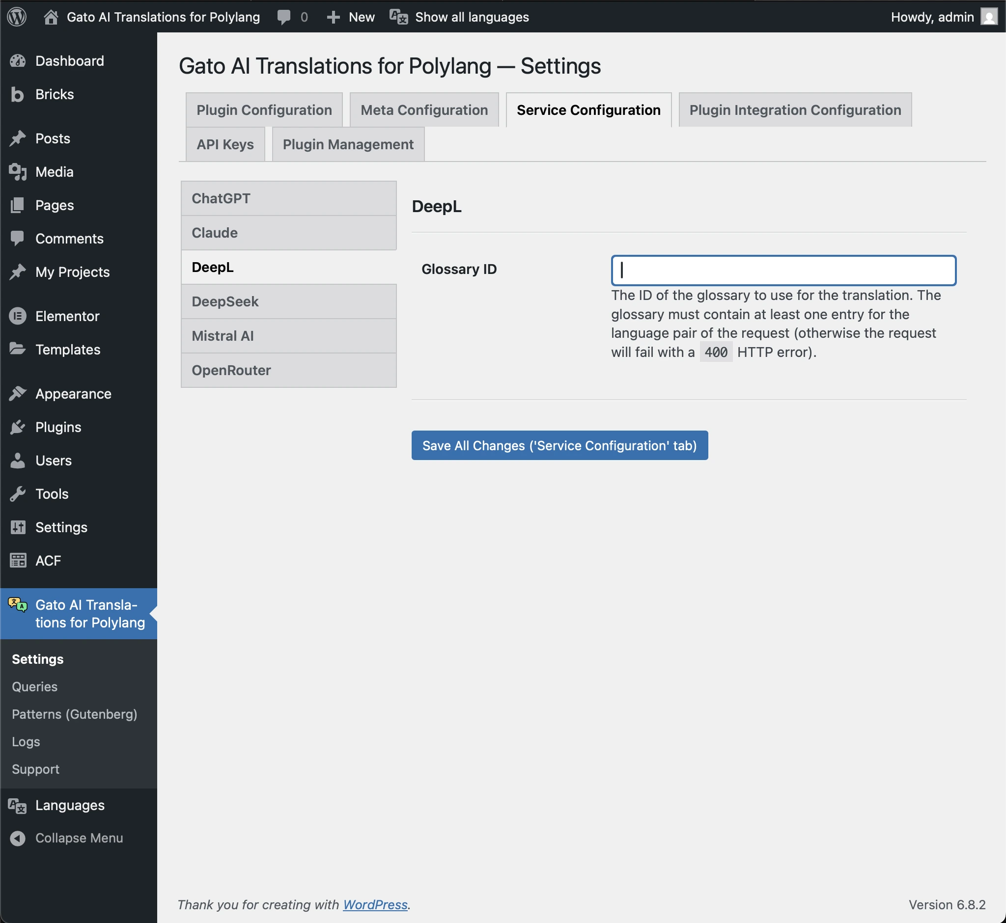 Setting the glossary ID for DeepL