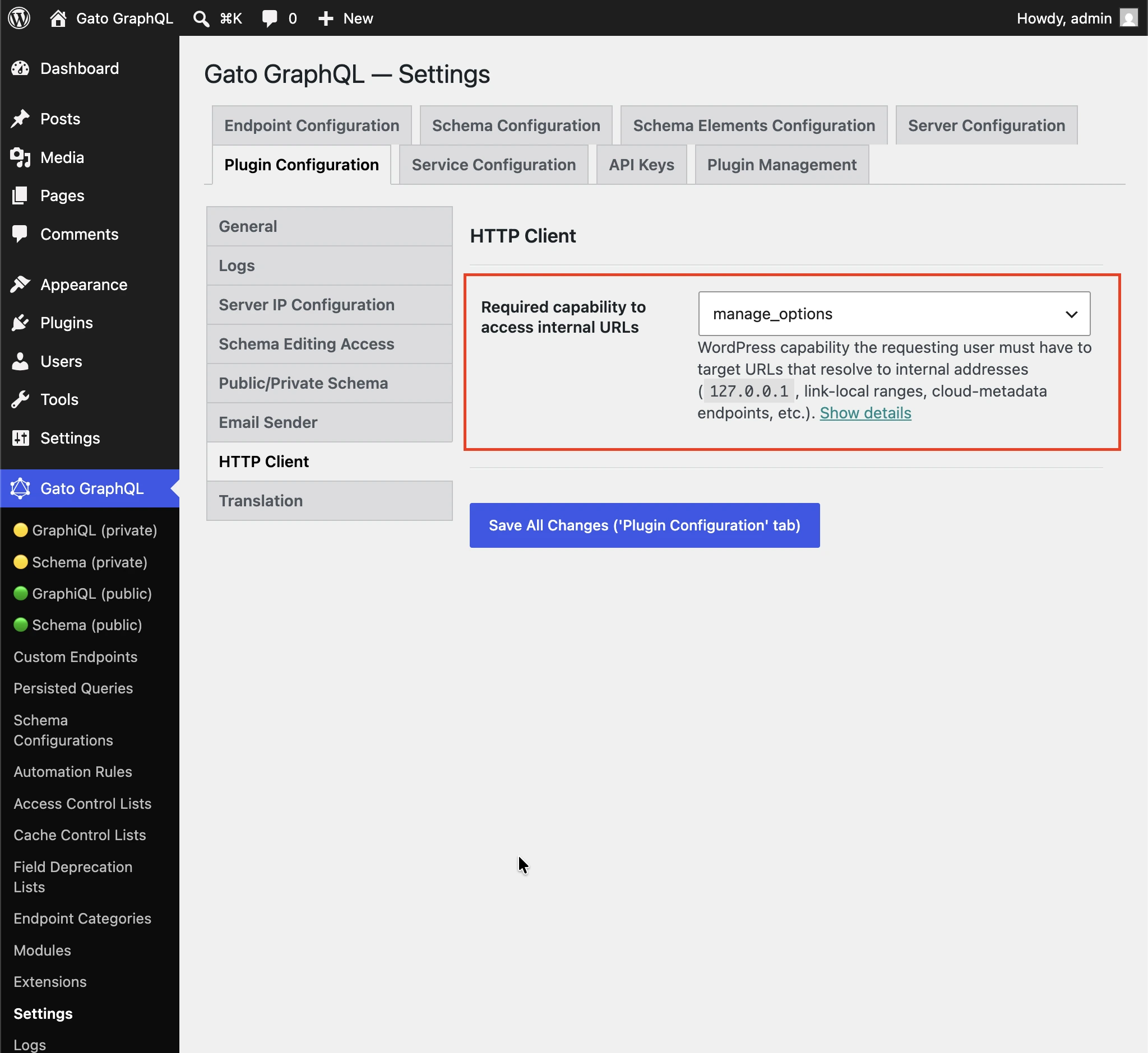 Setting the required capability to access internal URLs