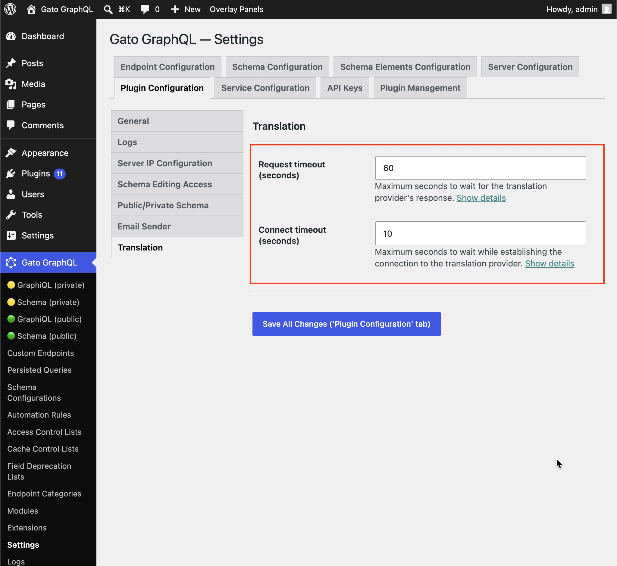 Setting the Request timeout and Connection timeout for translation