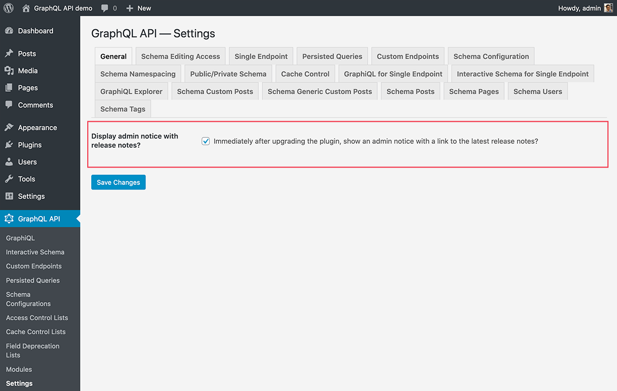 Settings to display admin notices