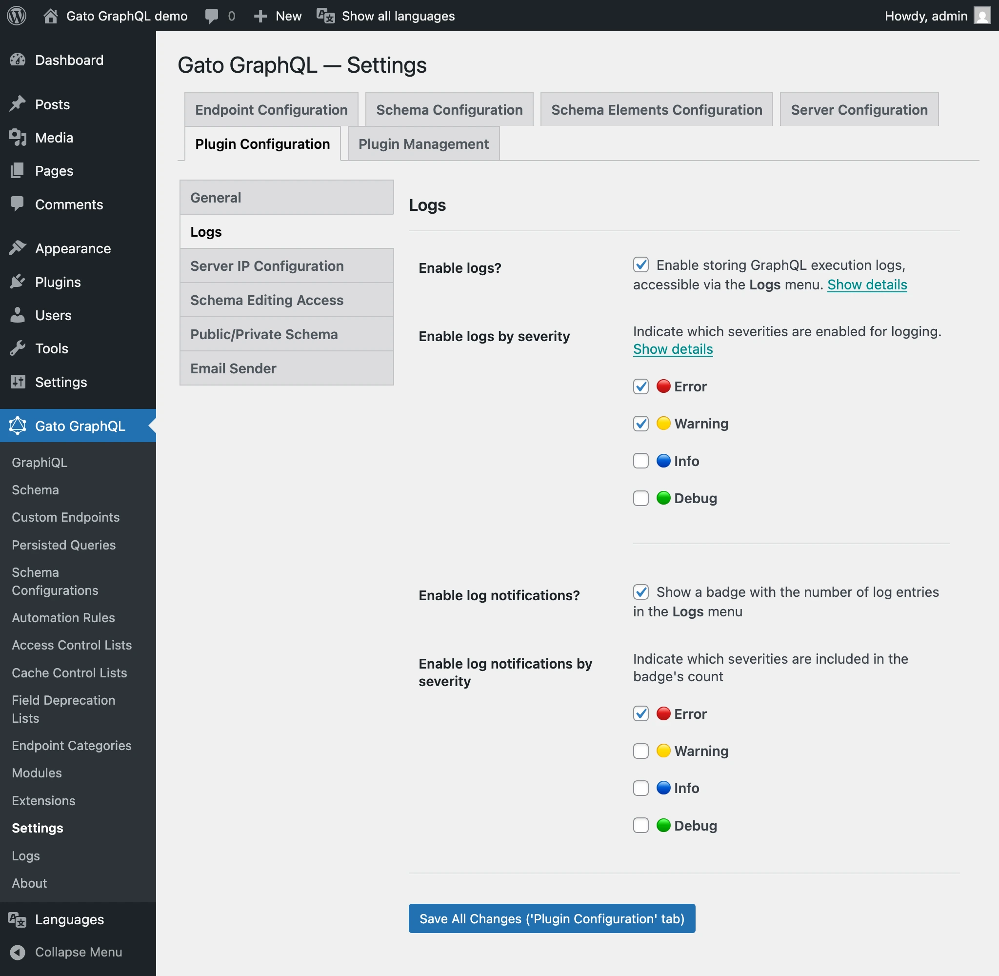 Logs & Notifications settings