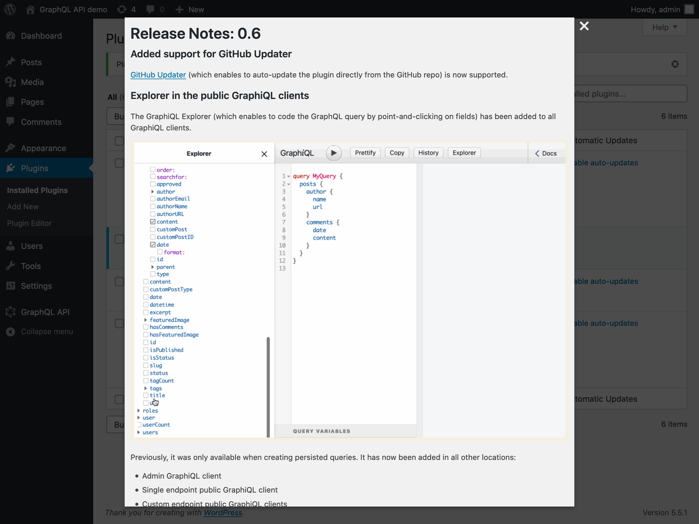 Release notes in a modal window
