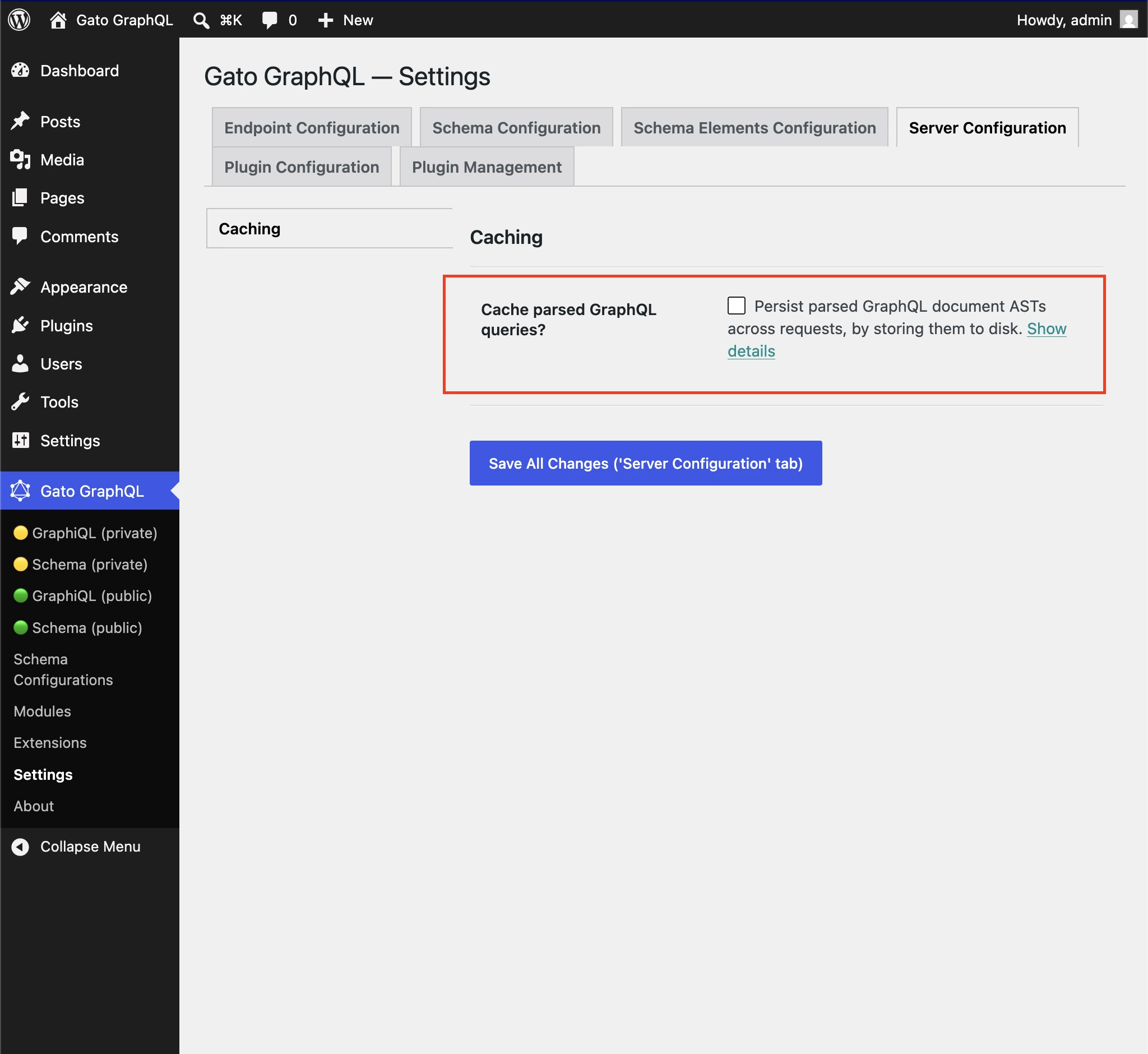 Enabling cache for parsed GraphQL queries in the Settings