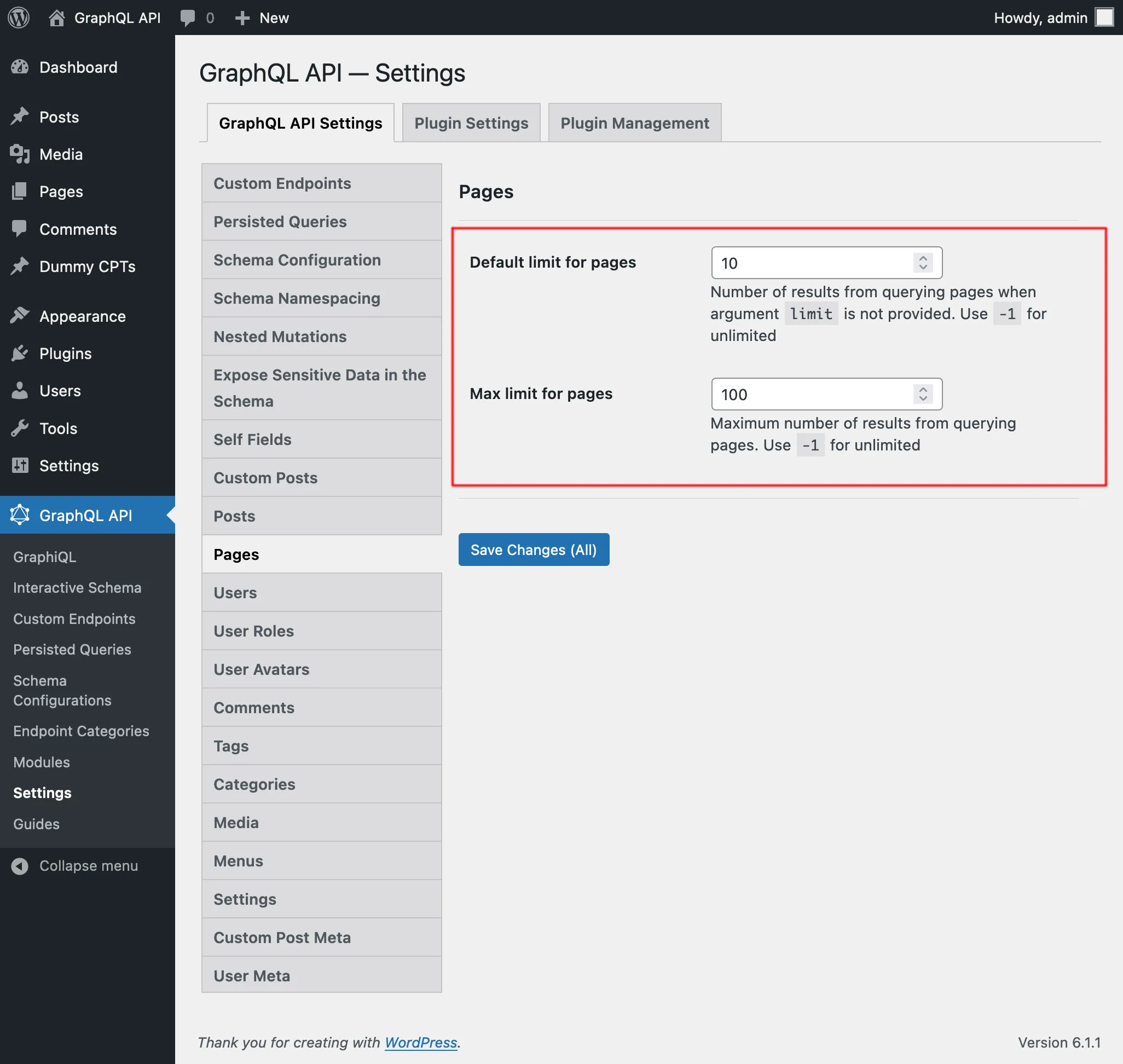 Settings for Page limits