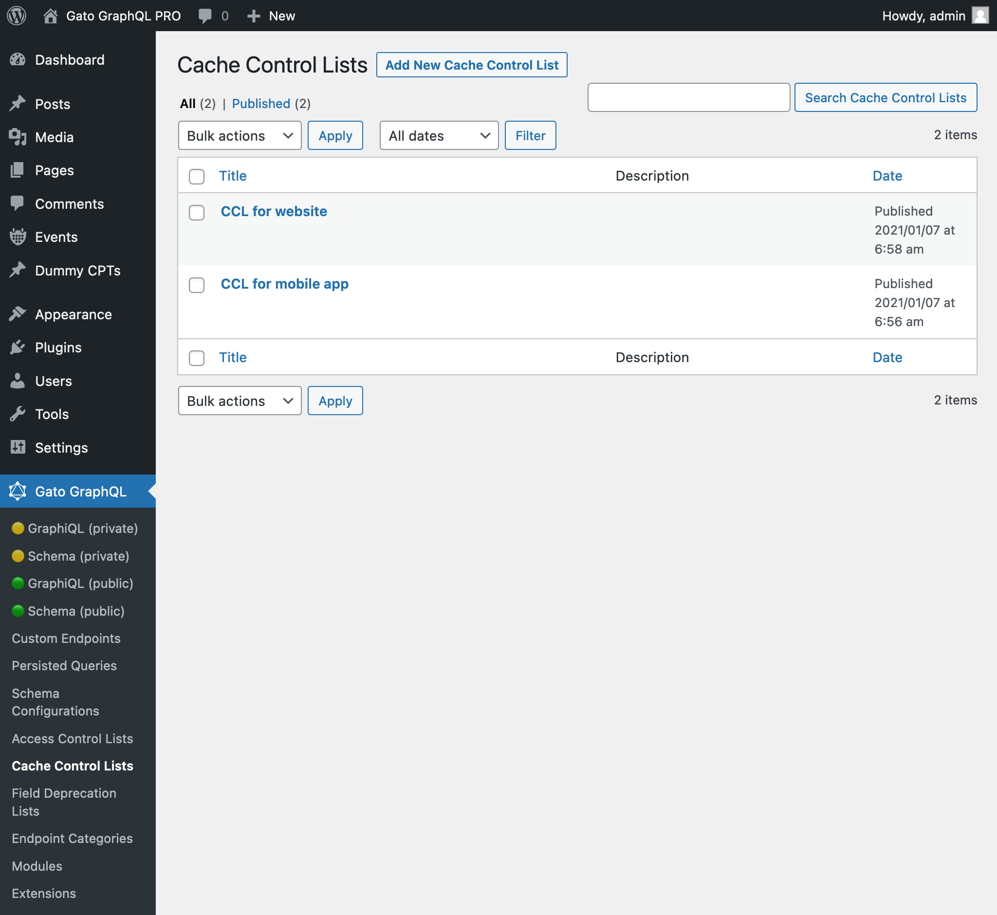 Cache Control Lists in the admin