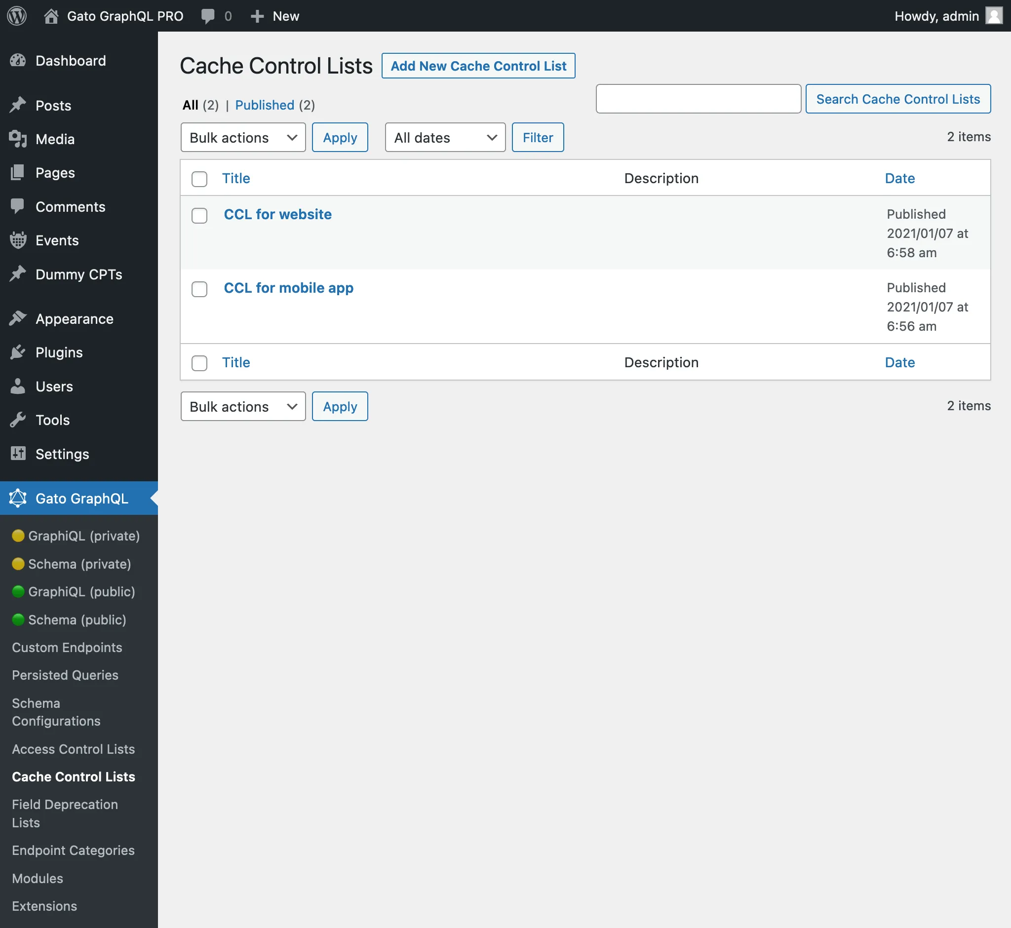 Cache Control Lists in the admin