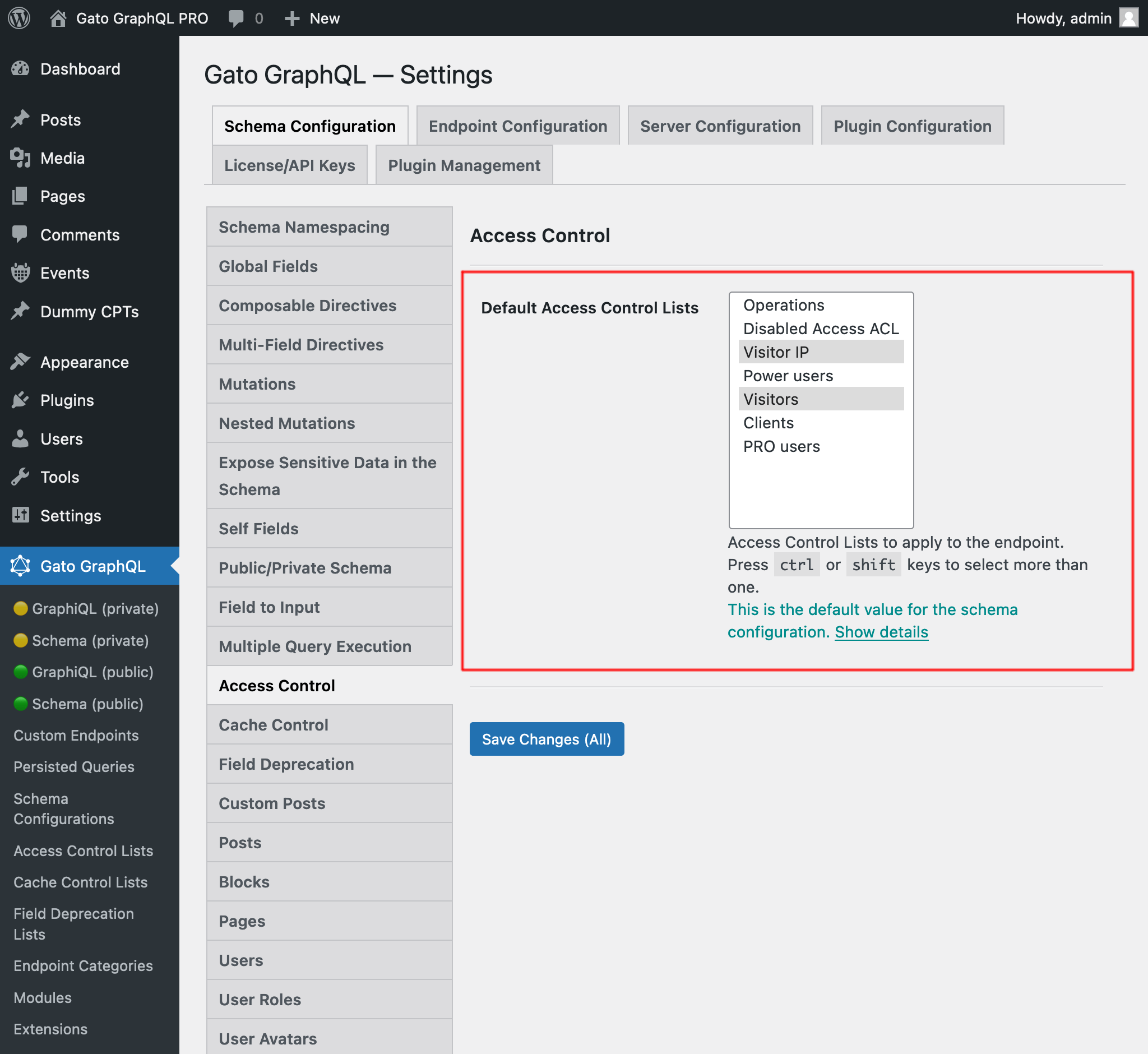 Selecting the default Access Control Lists in the Settings page