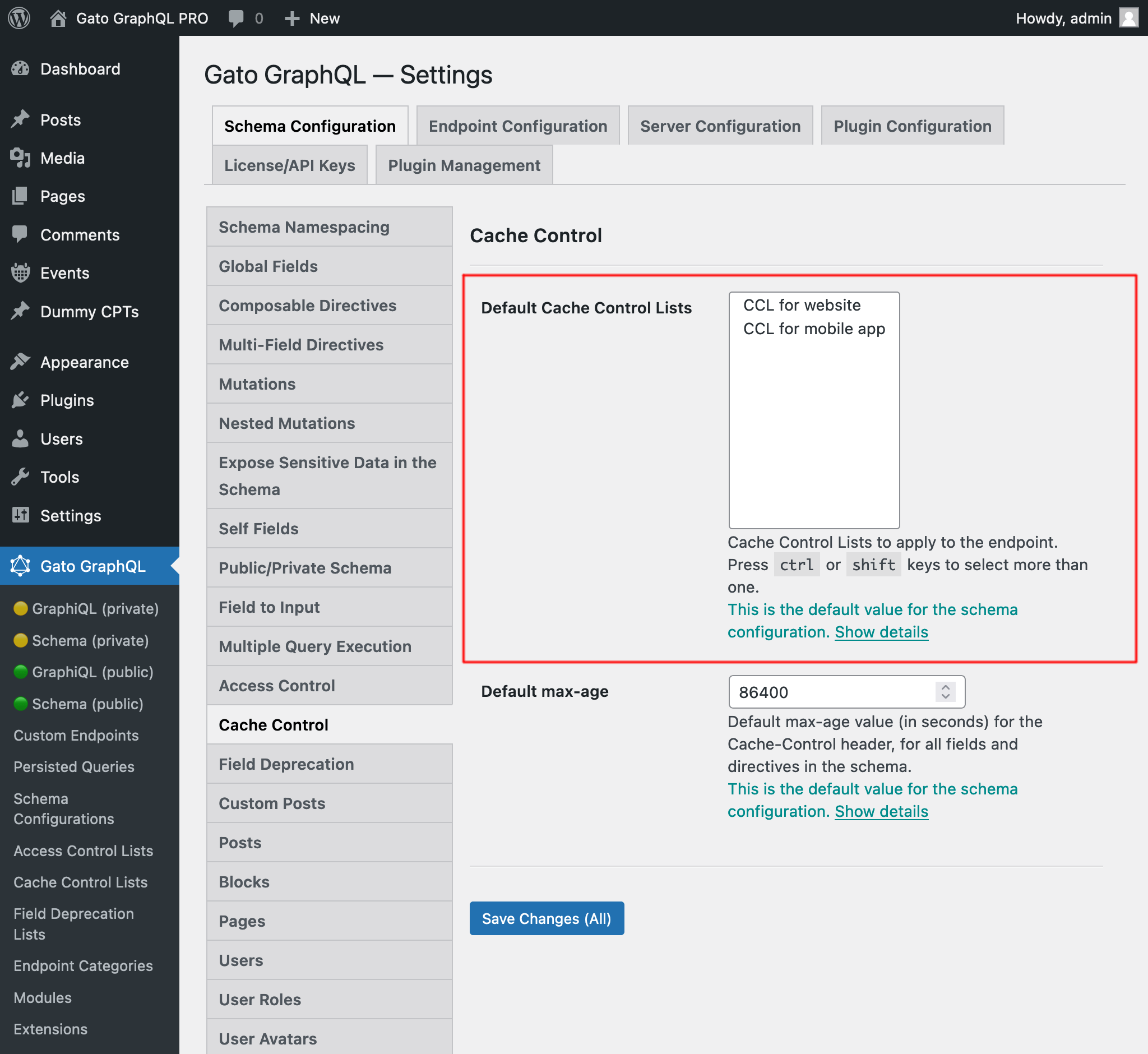 Selecting the default Cache Control Lists in the Settings page