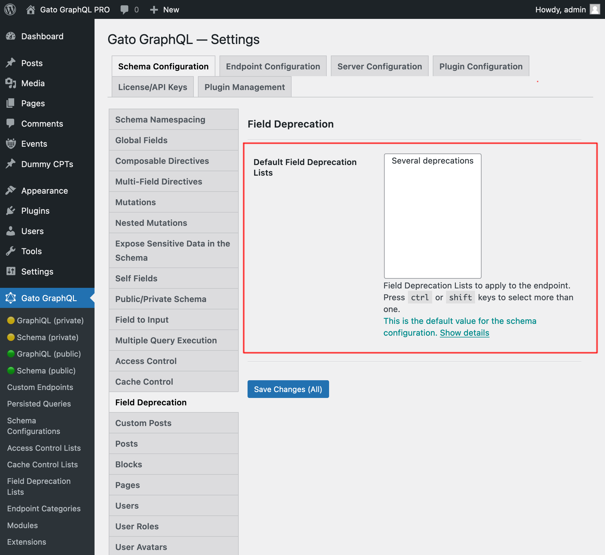 Selecting the default Field Deprecation Lists in the Settings page