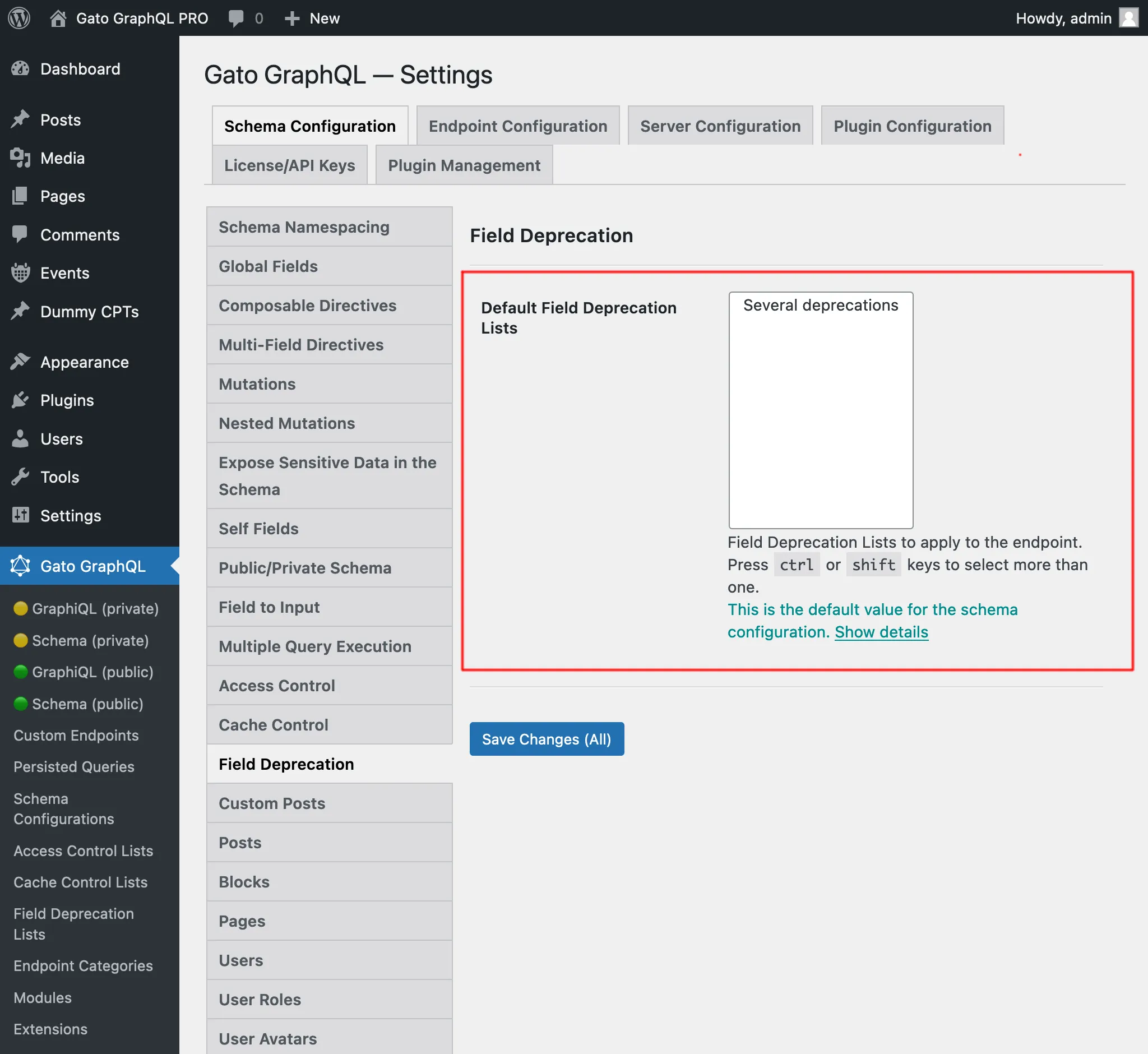 Selecting the default Field Deprecation Lists in the Settings page