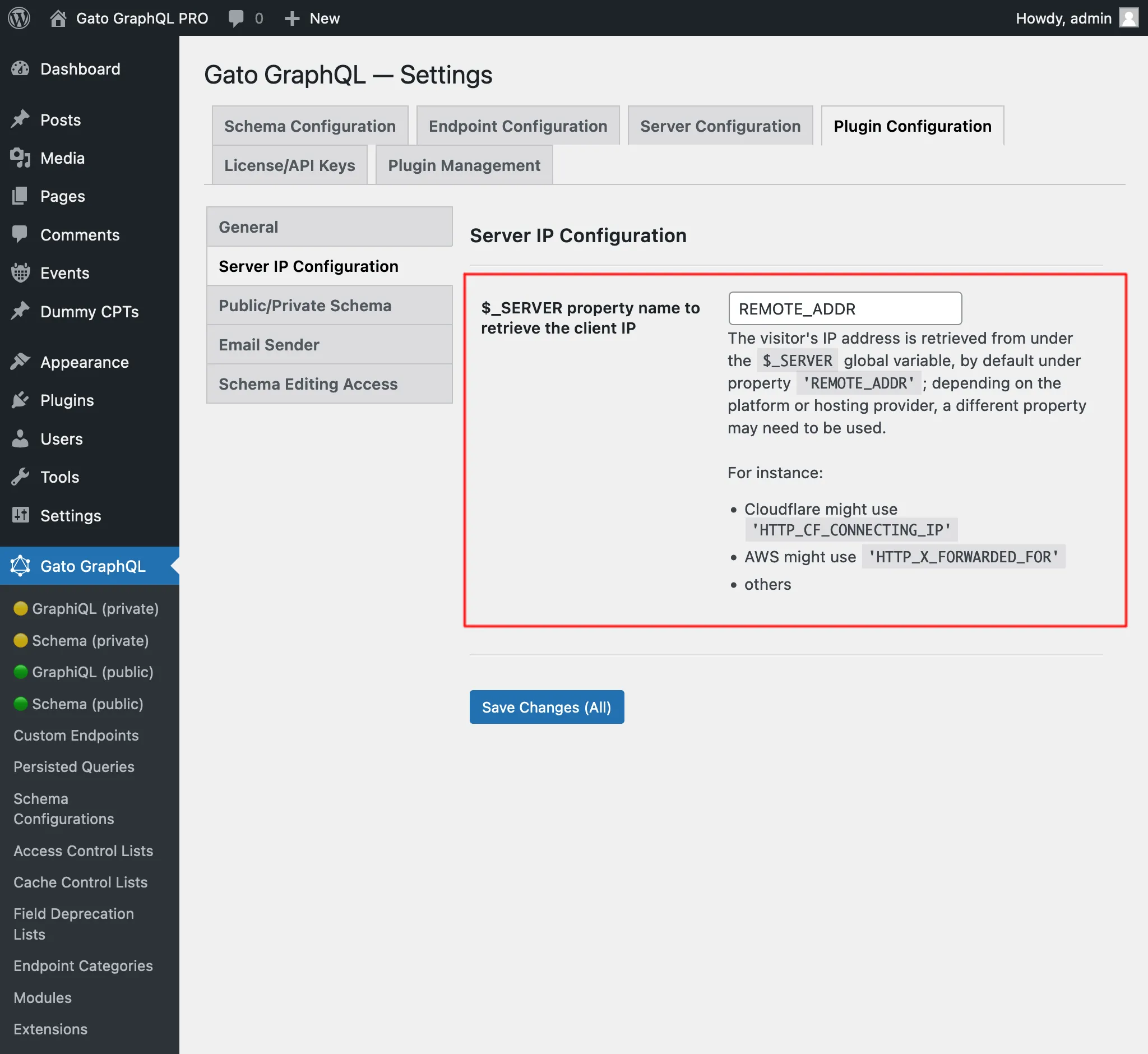 Configuring the $_SERVER property name to retrieve the client IP