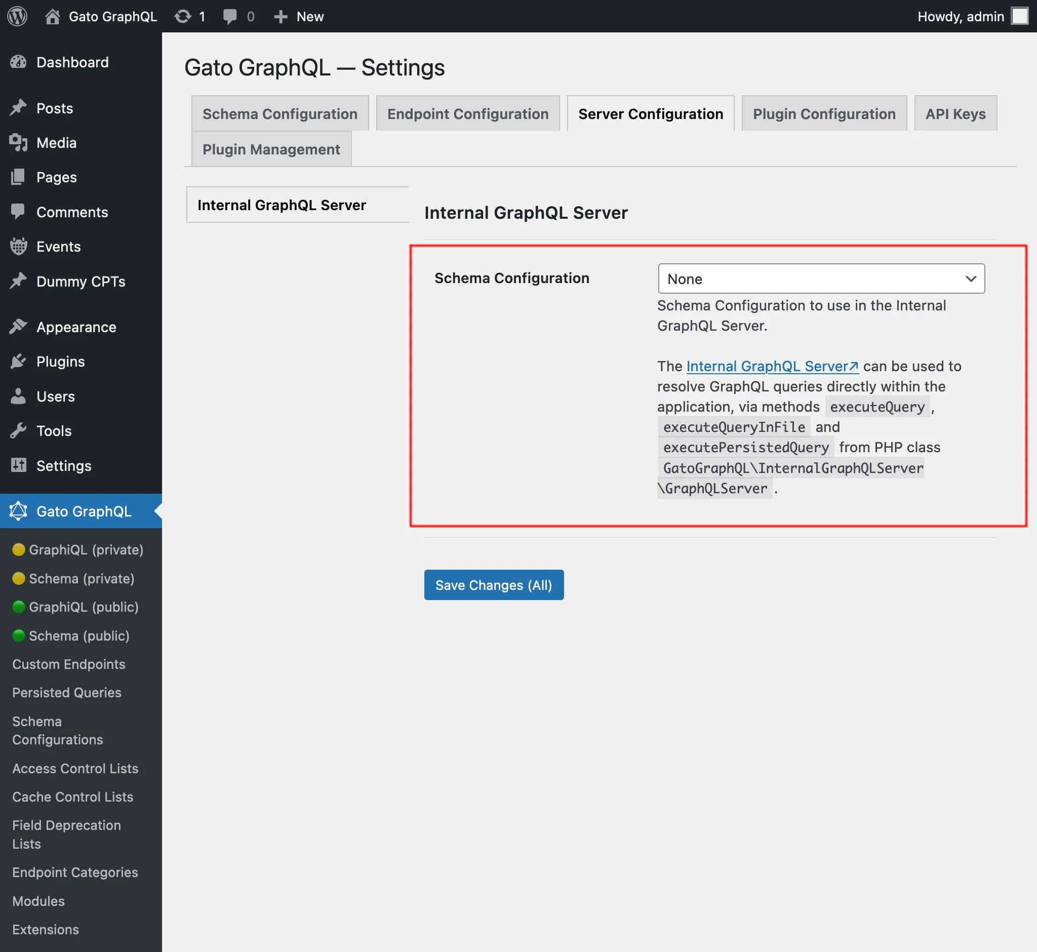 Configuring the Internal GraphQL Server in the Settings