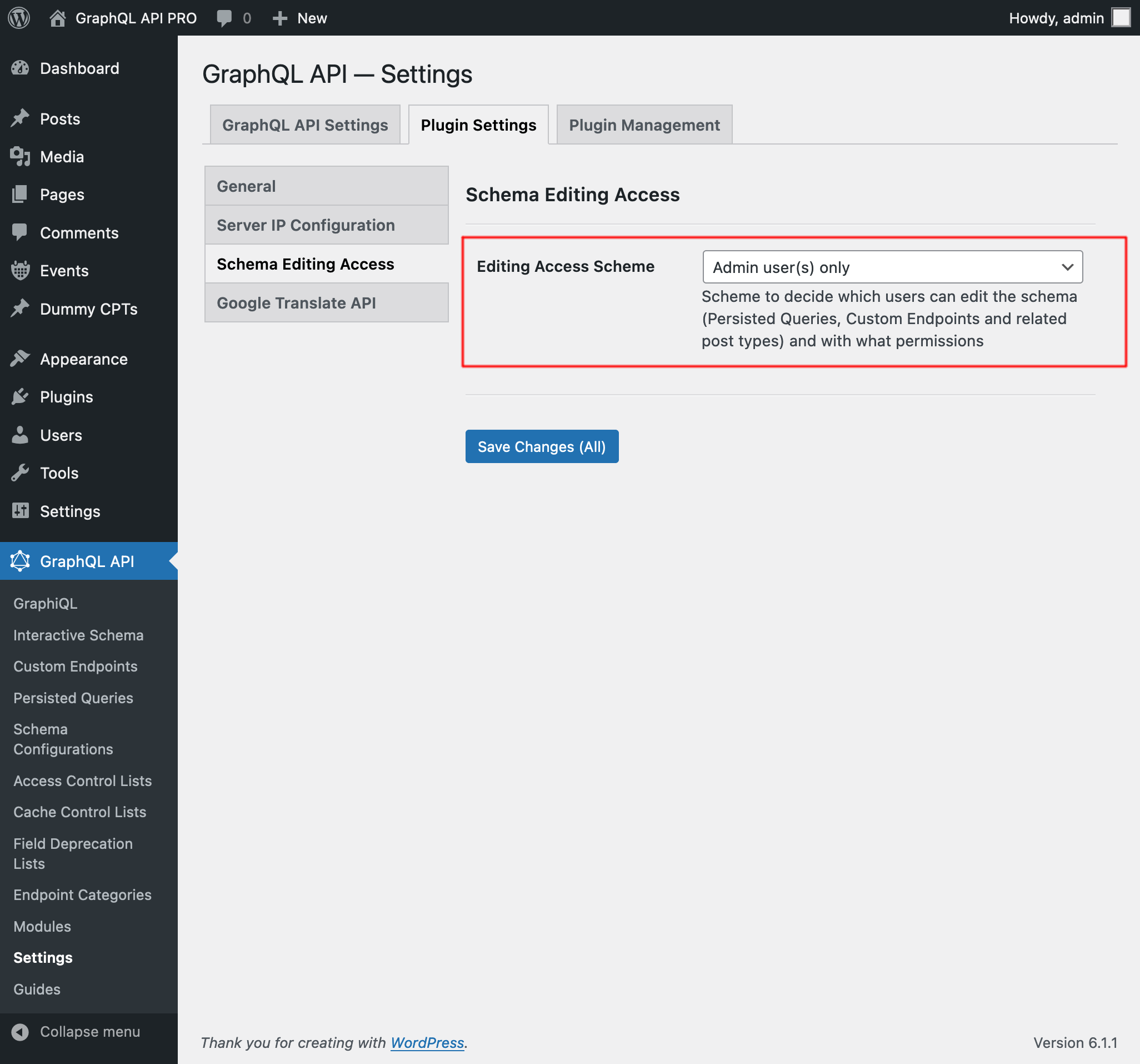 Configuring the schema editing access in the Settings