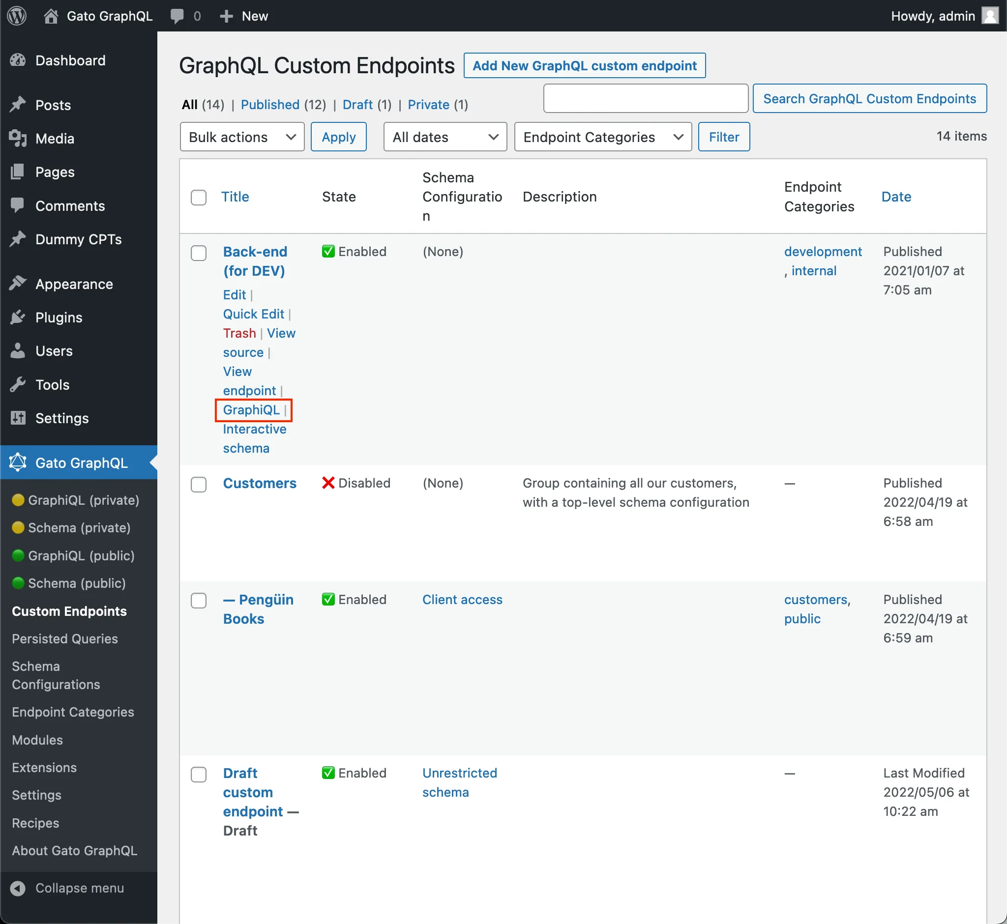 Custom endpoint's link to the GraphiQL client in the list