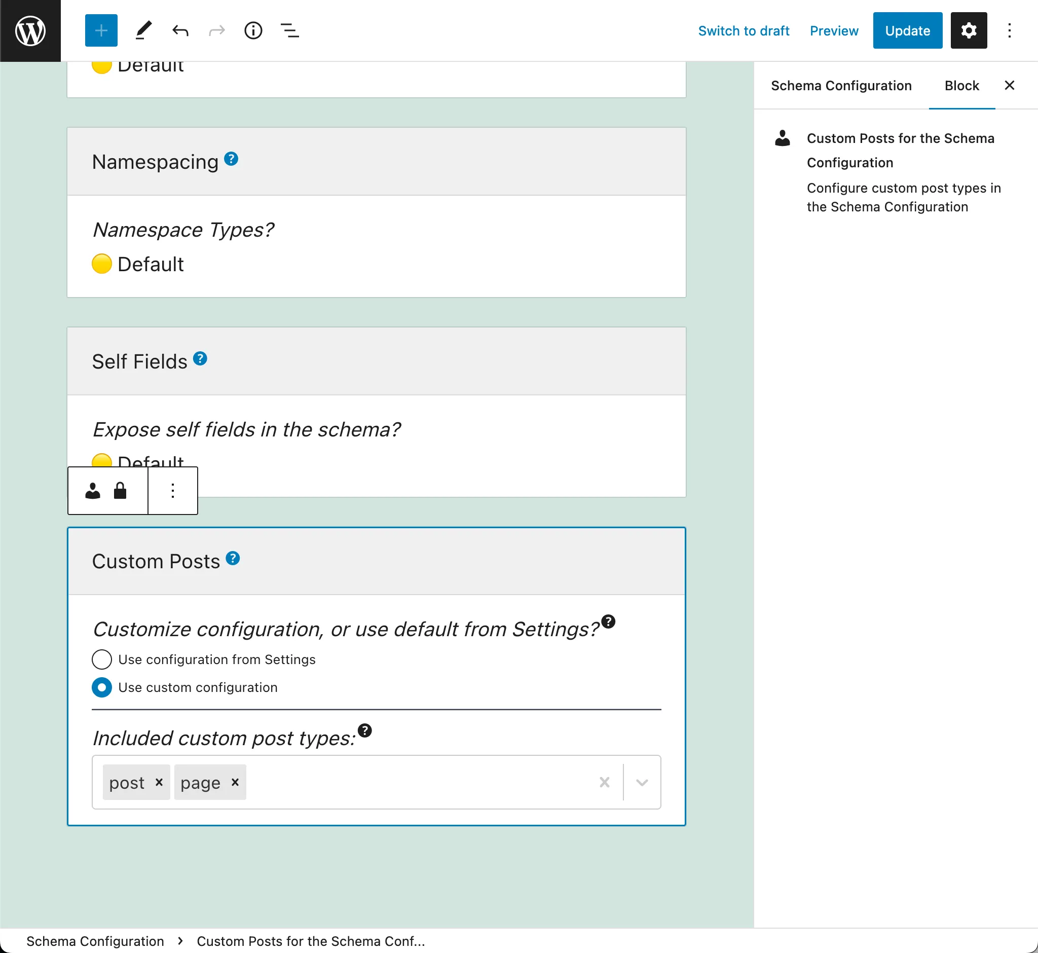 Selecting the allowed Custom Post Types in the Schema Configuration