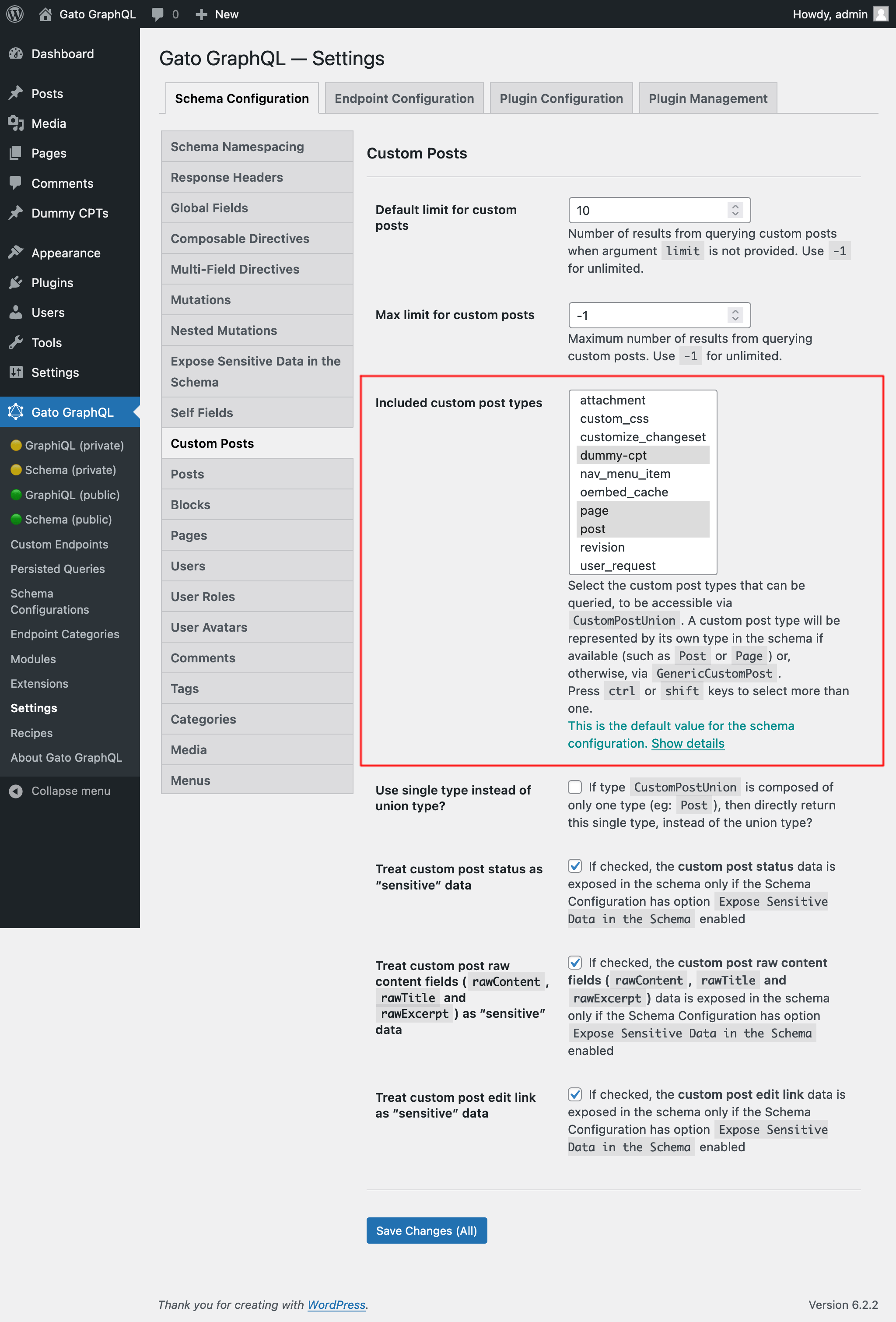 Selecting the allowed Custom Post Types in the Settings