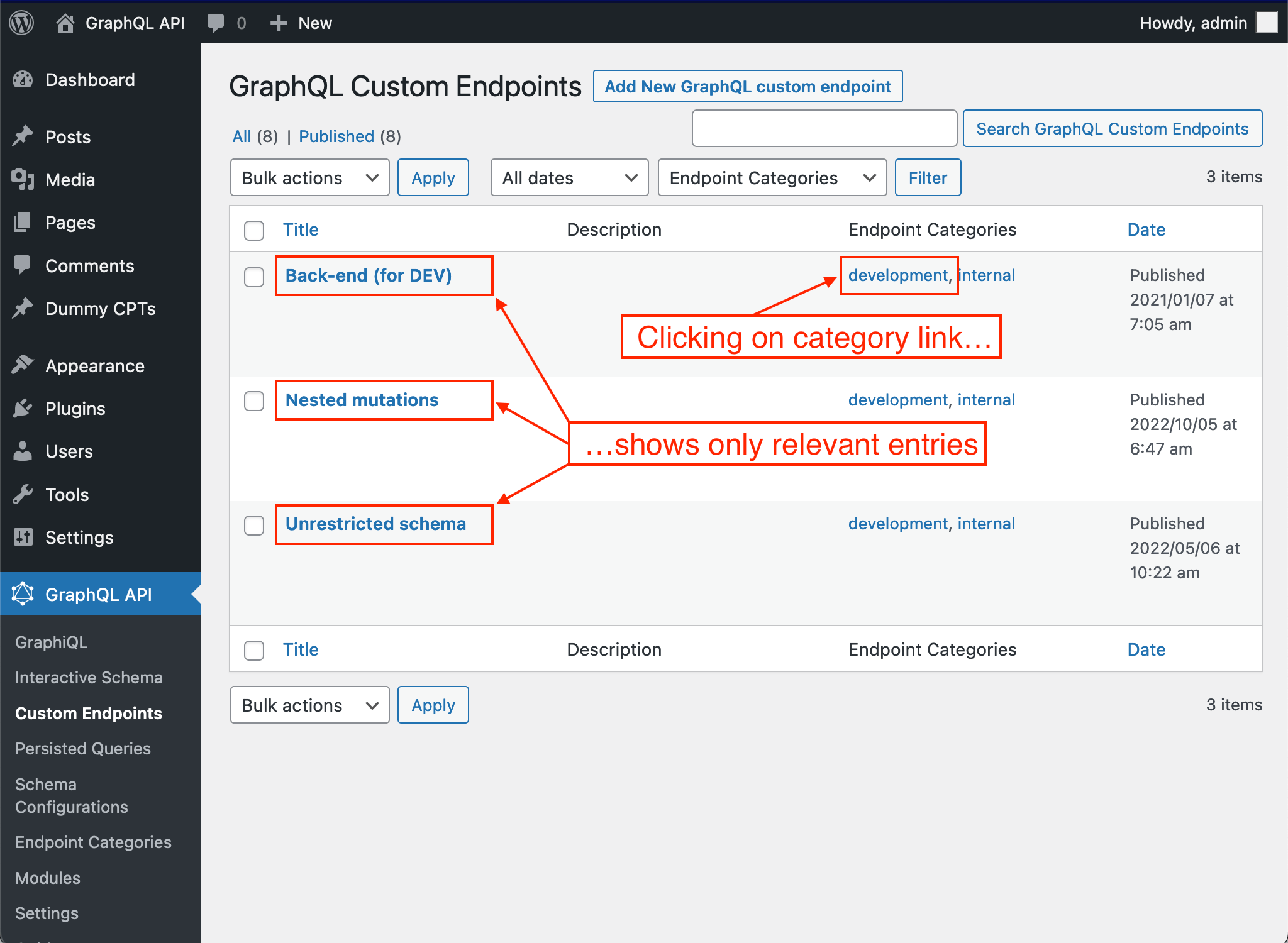 Filtering Custom Endpoints by category
