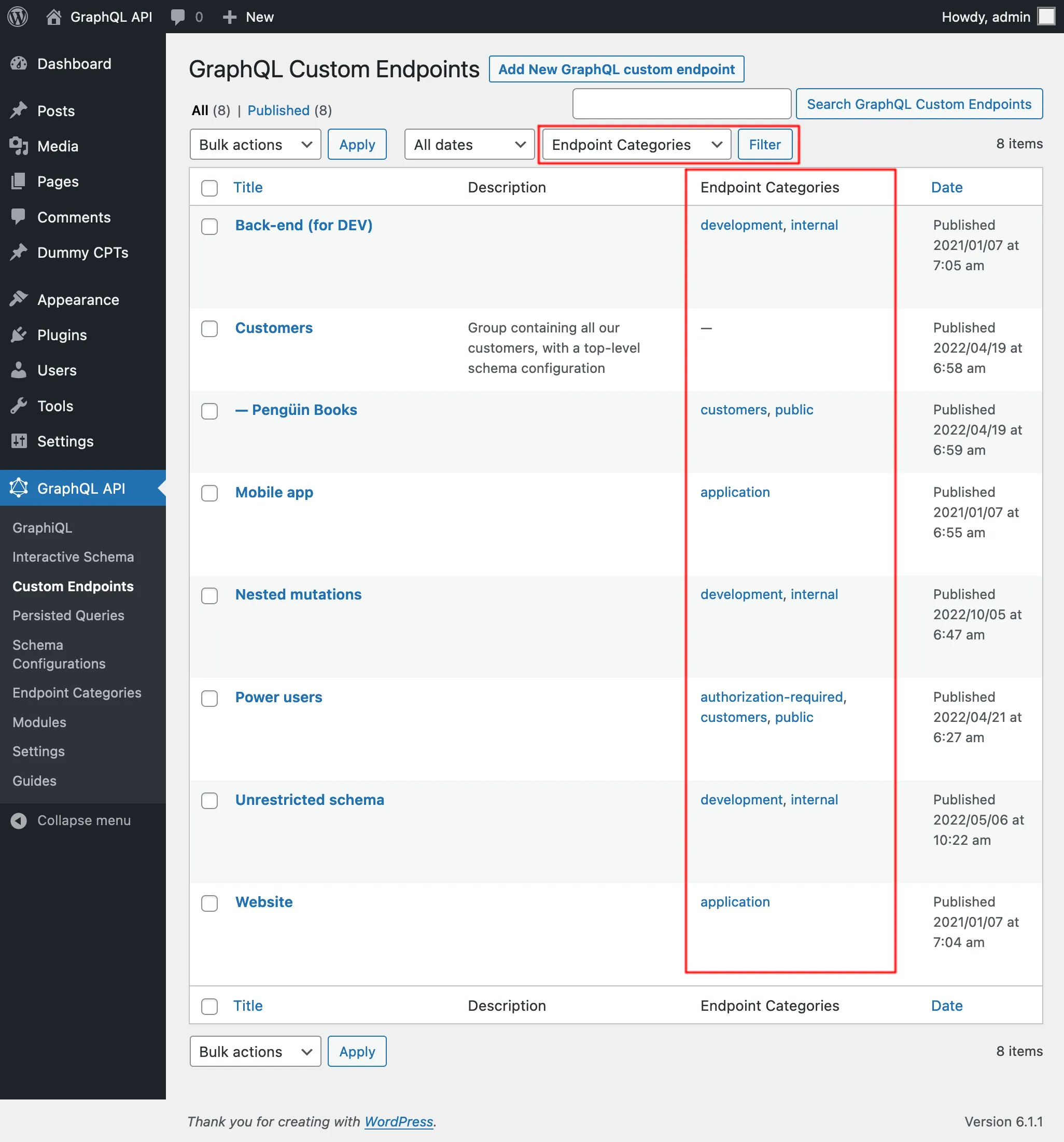 List of Custom Endpoints with their categories