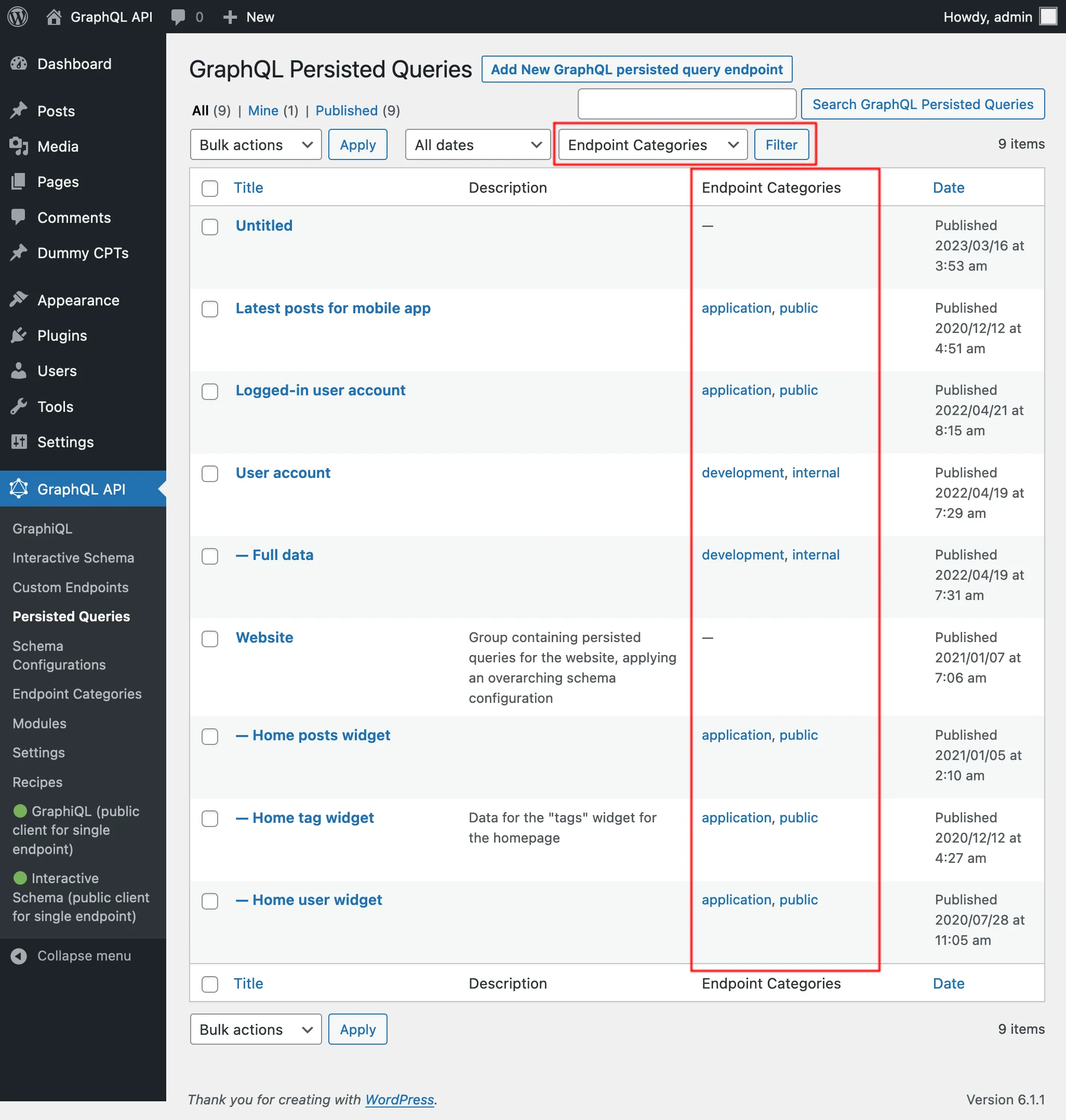 List of Persisted Queries with their categories