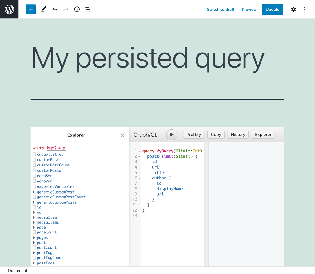The persisted query's GraphiQL client