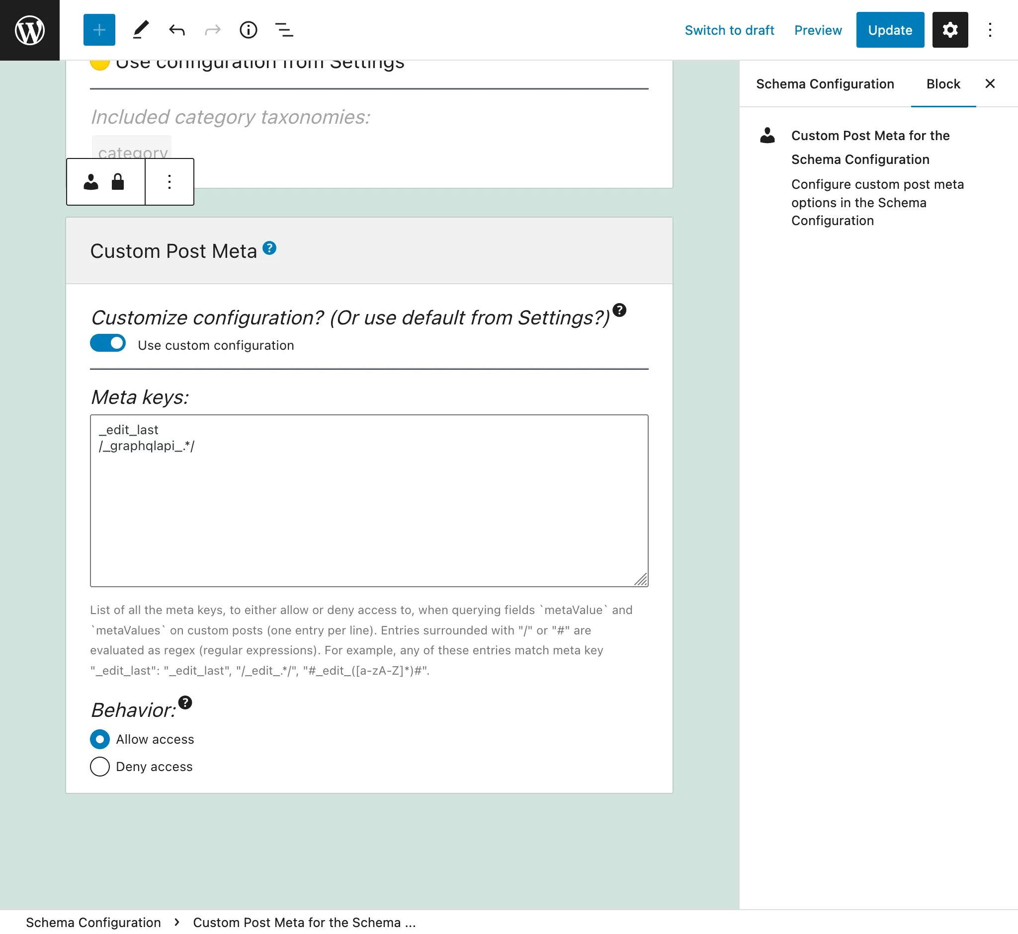 Defining the entries in the Schema Configuration