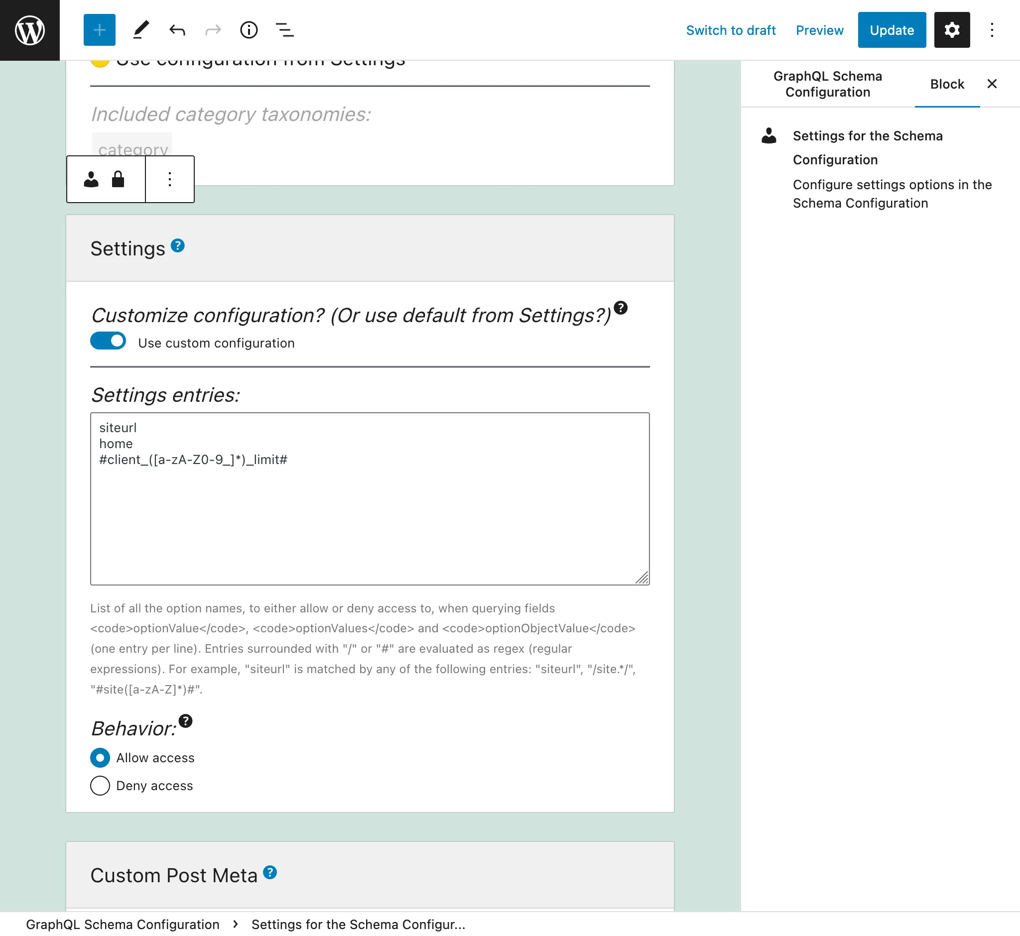 Defining the entries for the Schema Configuration