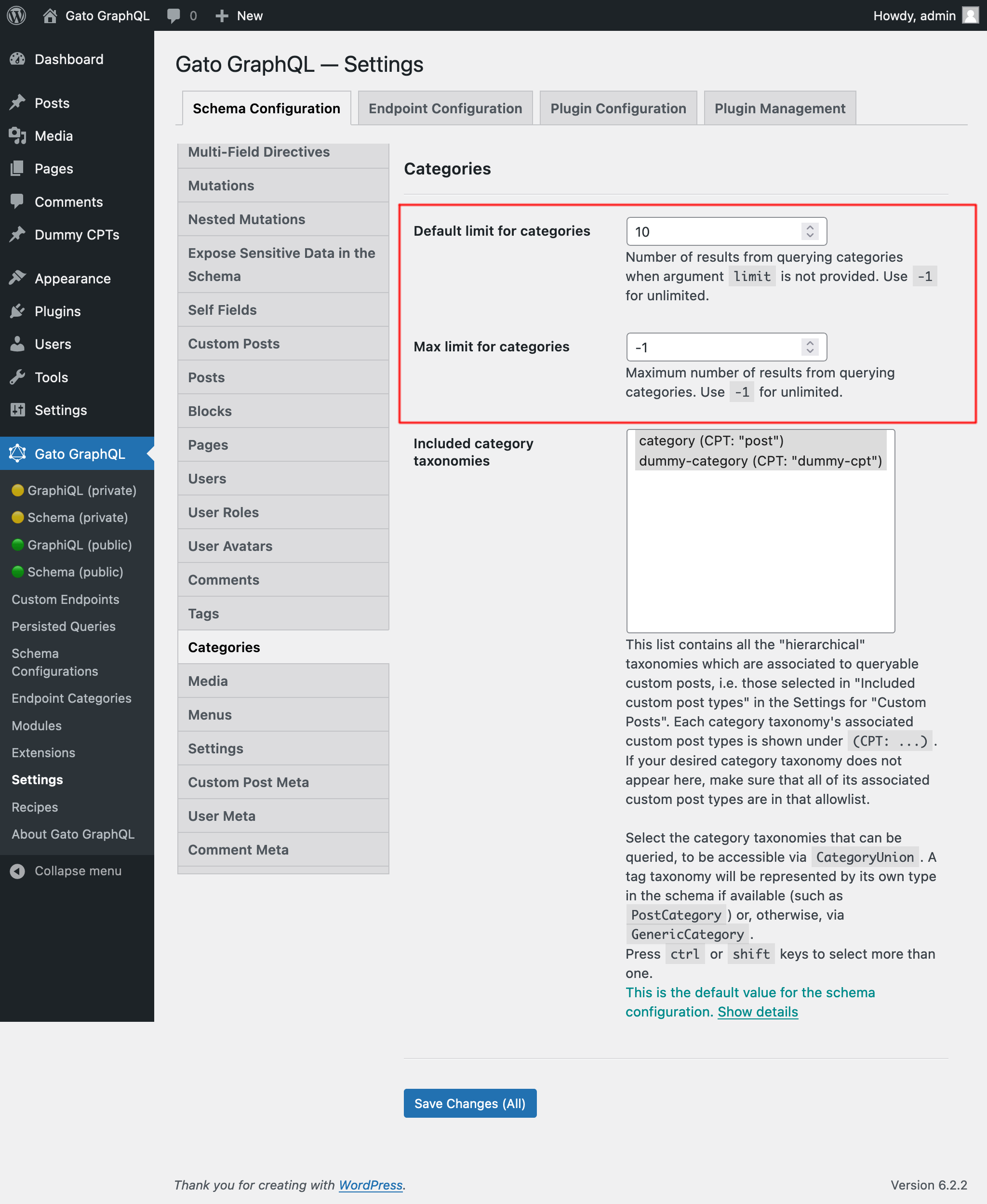 Settings for Category limits