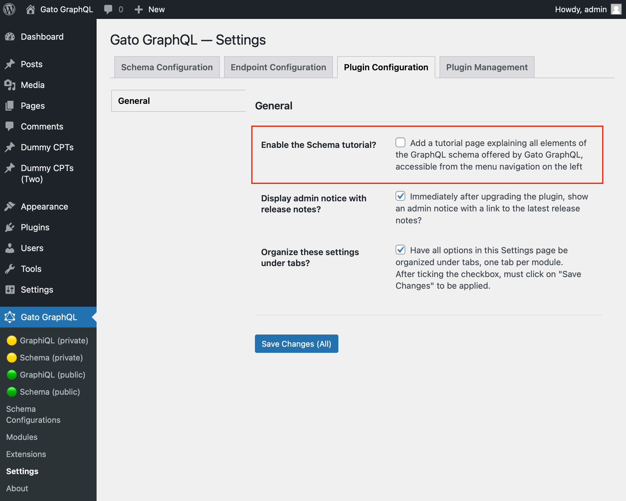 Enabling the Schema tutorial page in the Settings