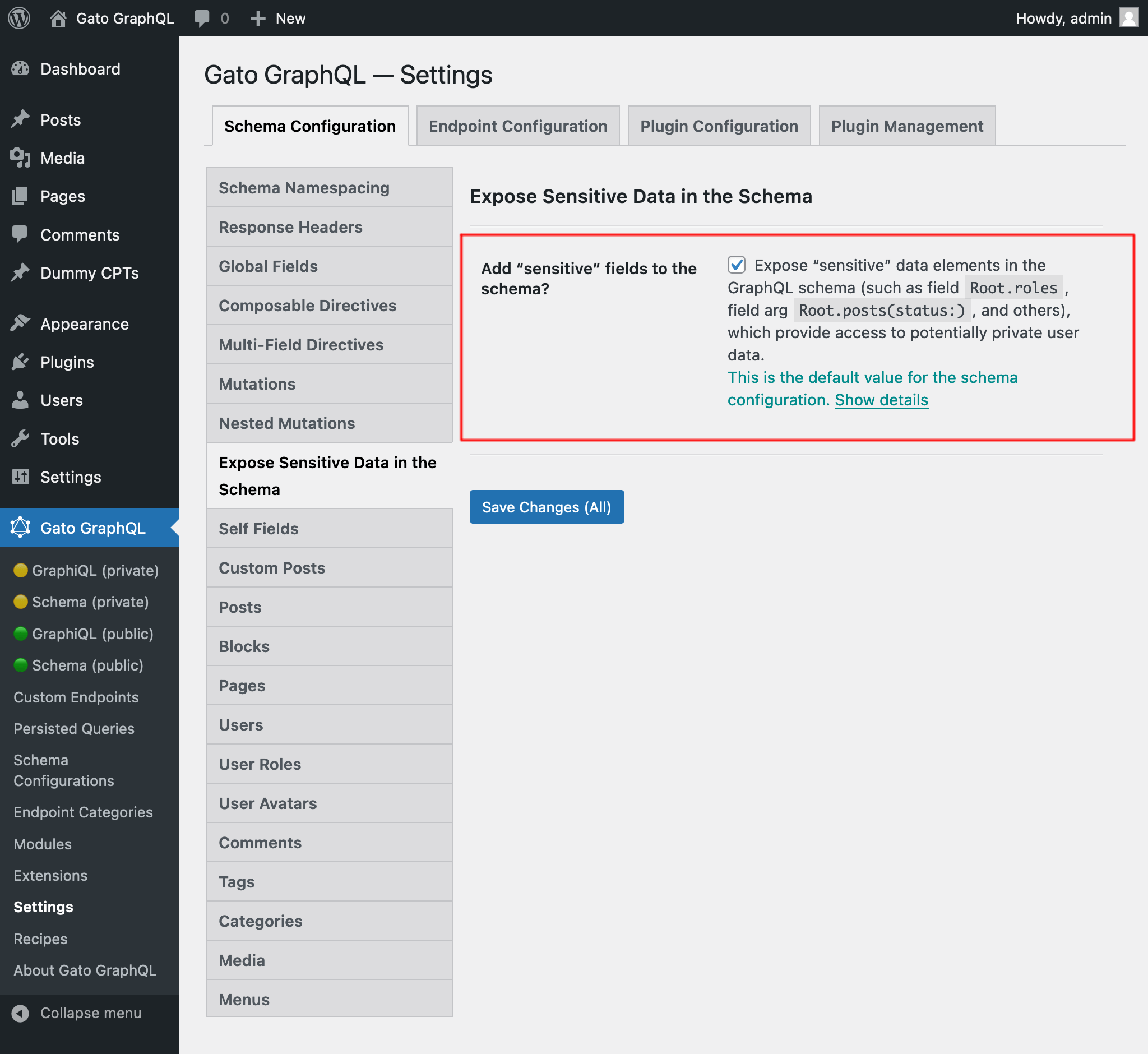 Setting “sensitive” data elements for the schema configuration, in the Settings