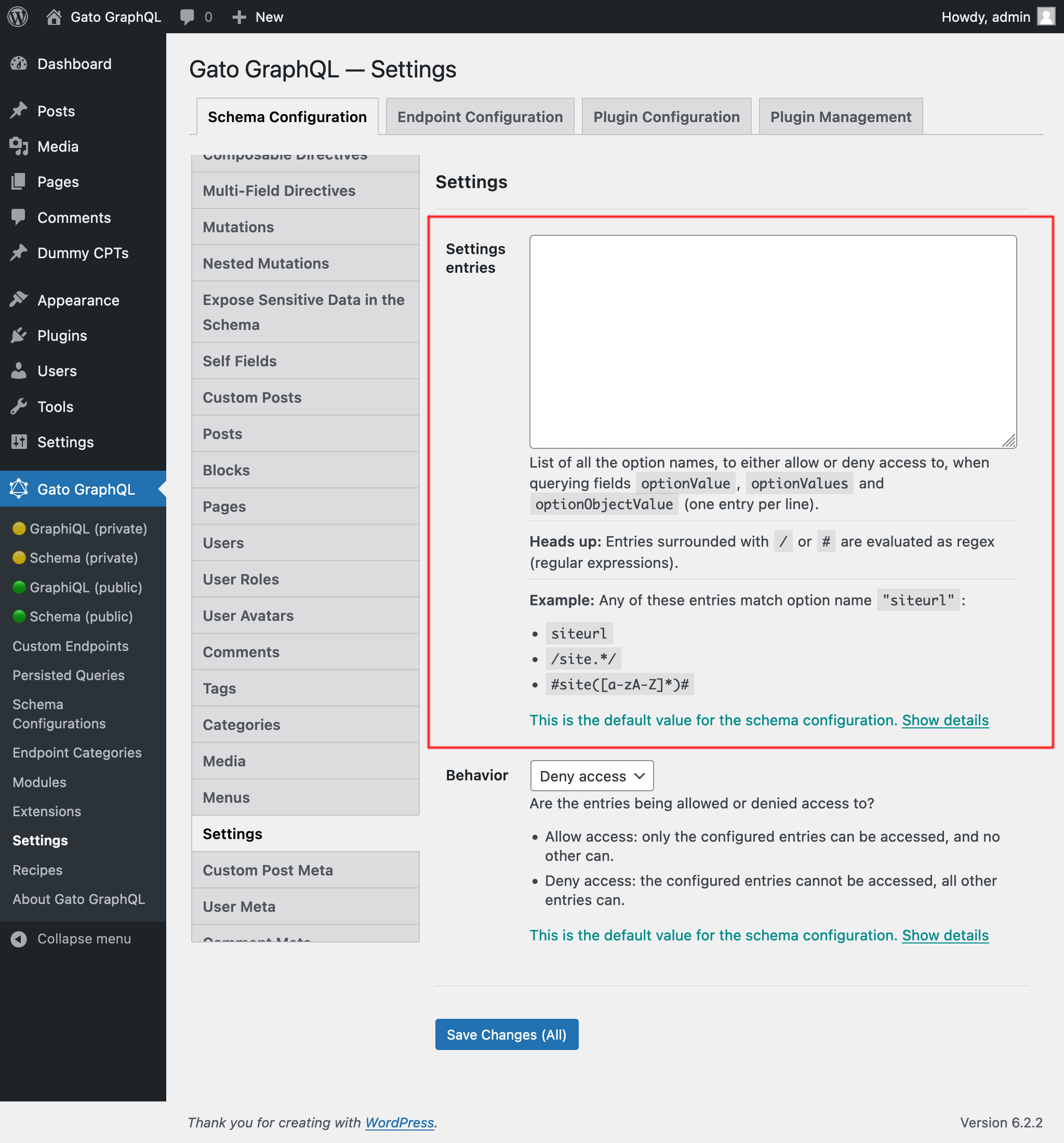 Adding options to the allowlist in the Settings page
