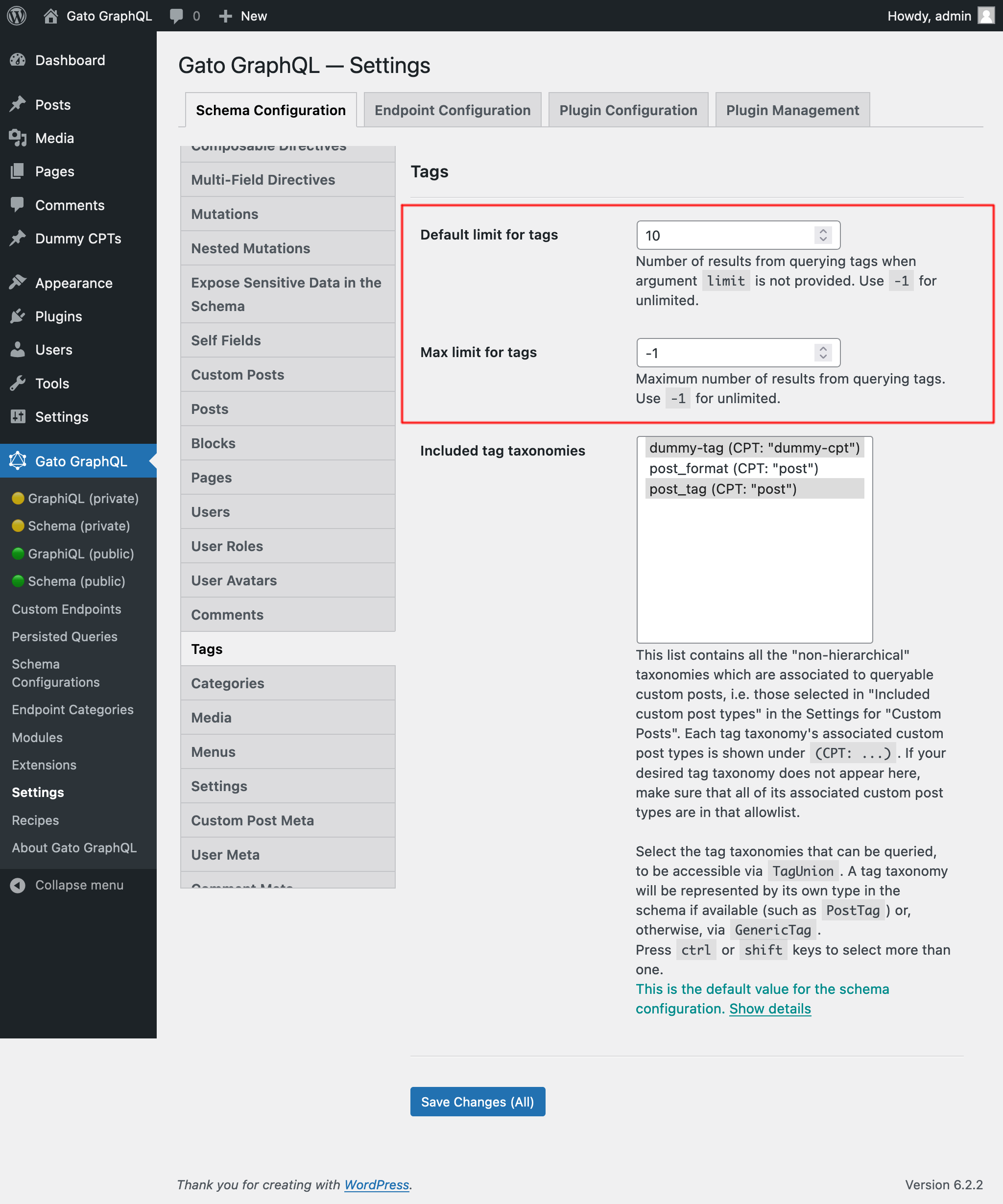 Settings for Tag limits