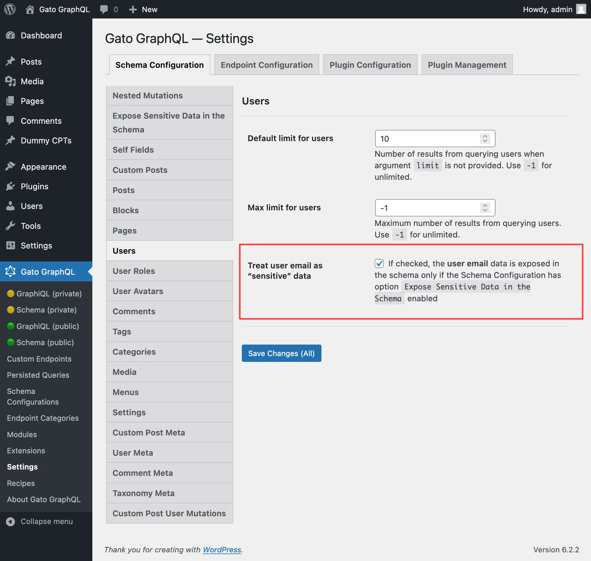 Settings to treat user email as “sensitive” data