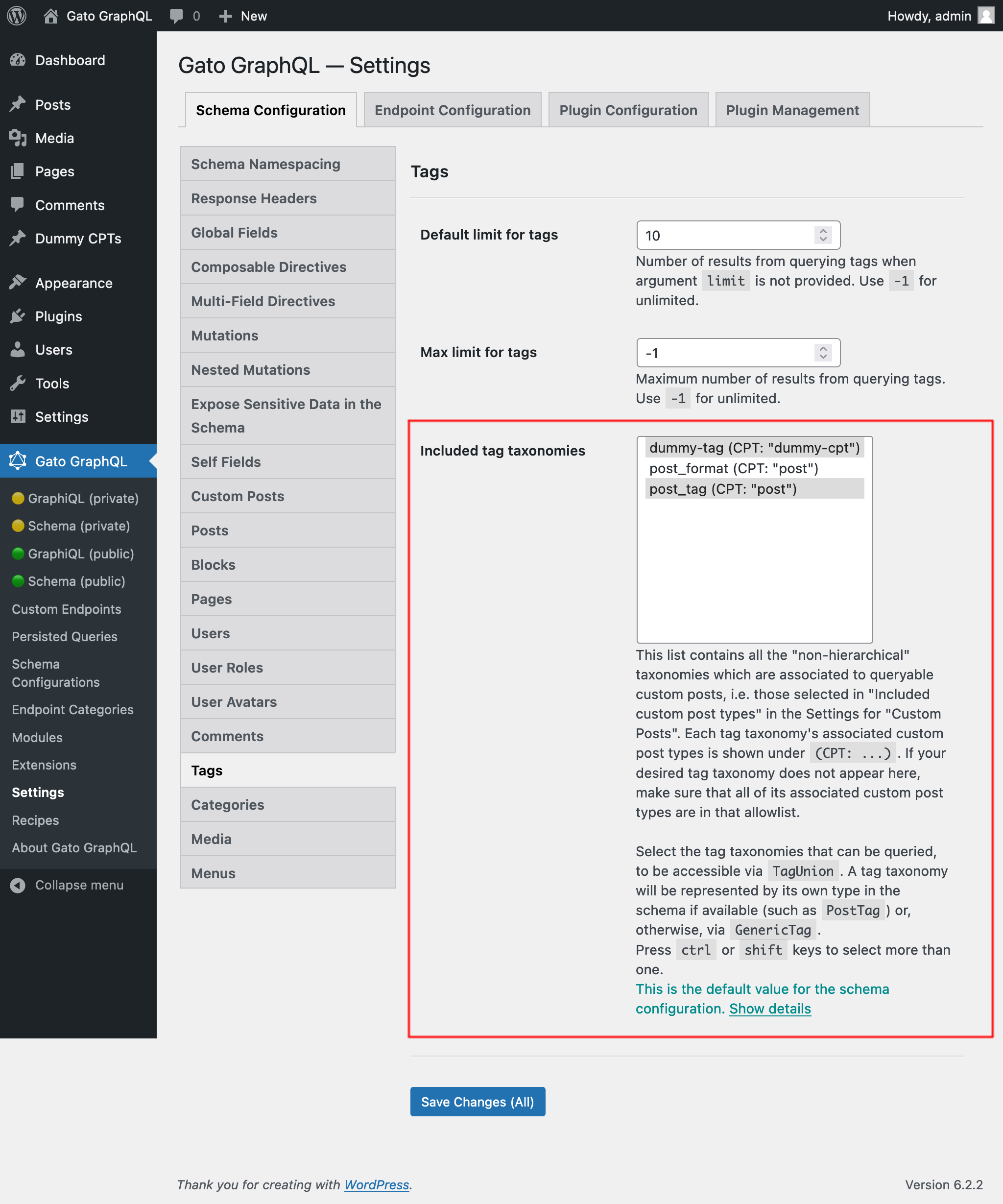 Selecting the allowed tag taxonomies in the Settings