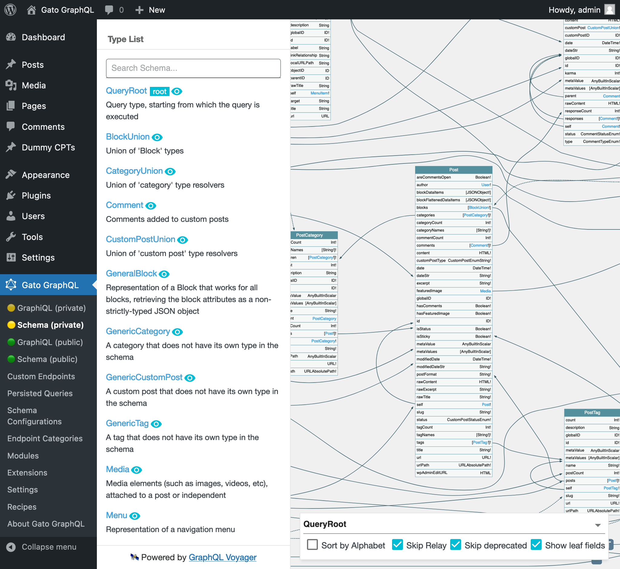 Interactively browse the private GraphQL schema, exploring all connections among entities