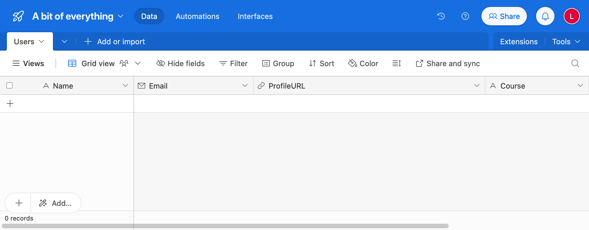 Table in AirTable with LMS data