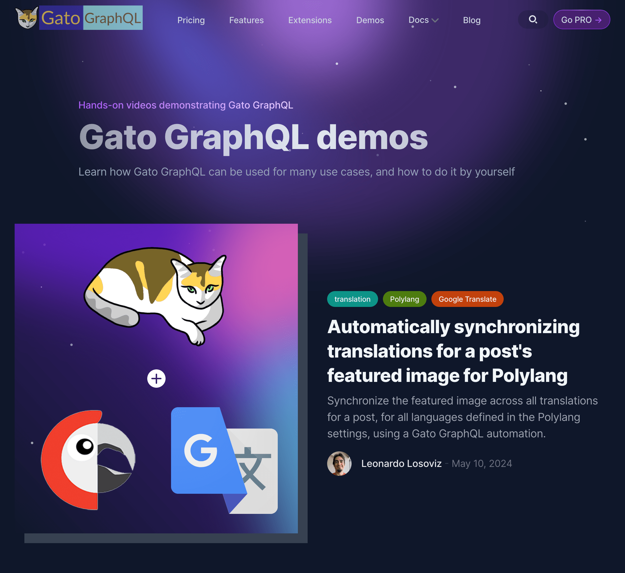 Demos page in the Gato GraphQL's website
