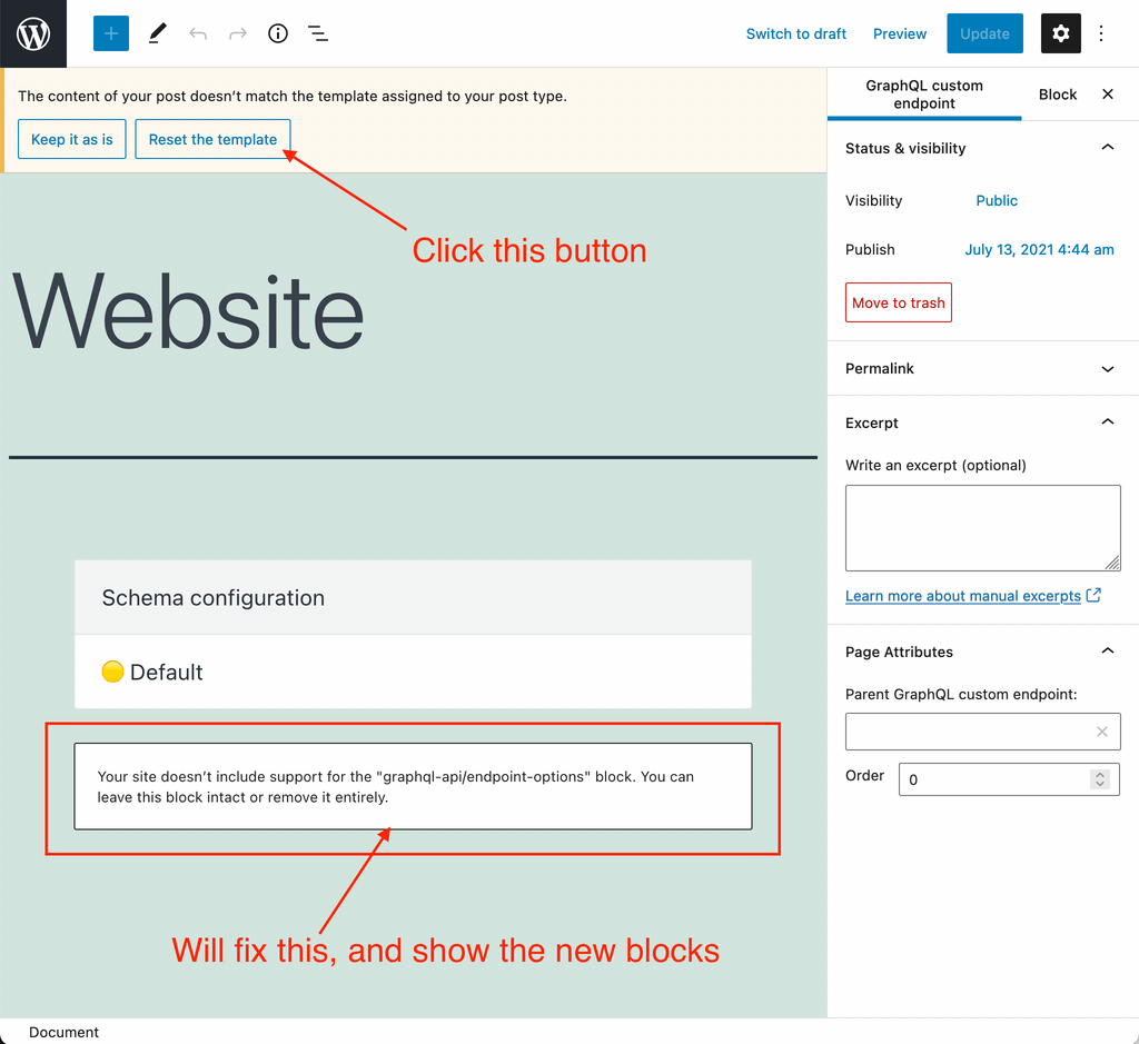 Reset the template in the WordPress editor